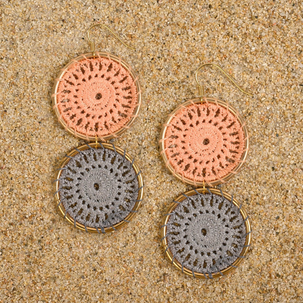 Pennington Crochet Circle Dangle Earrings Earrings New Heritage Arts Peach/Grey
