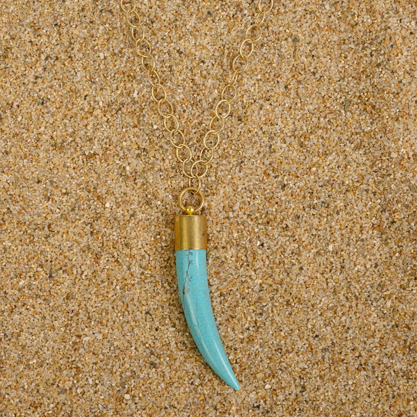 Windsor Turquoise Howlite Horn Pendant on Long Gold Plate Chain Necklaces New Heritage Arts 