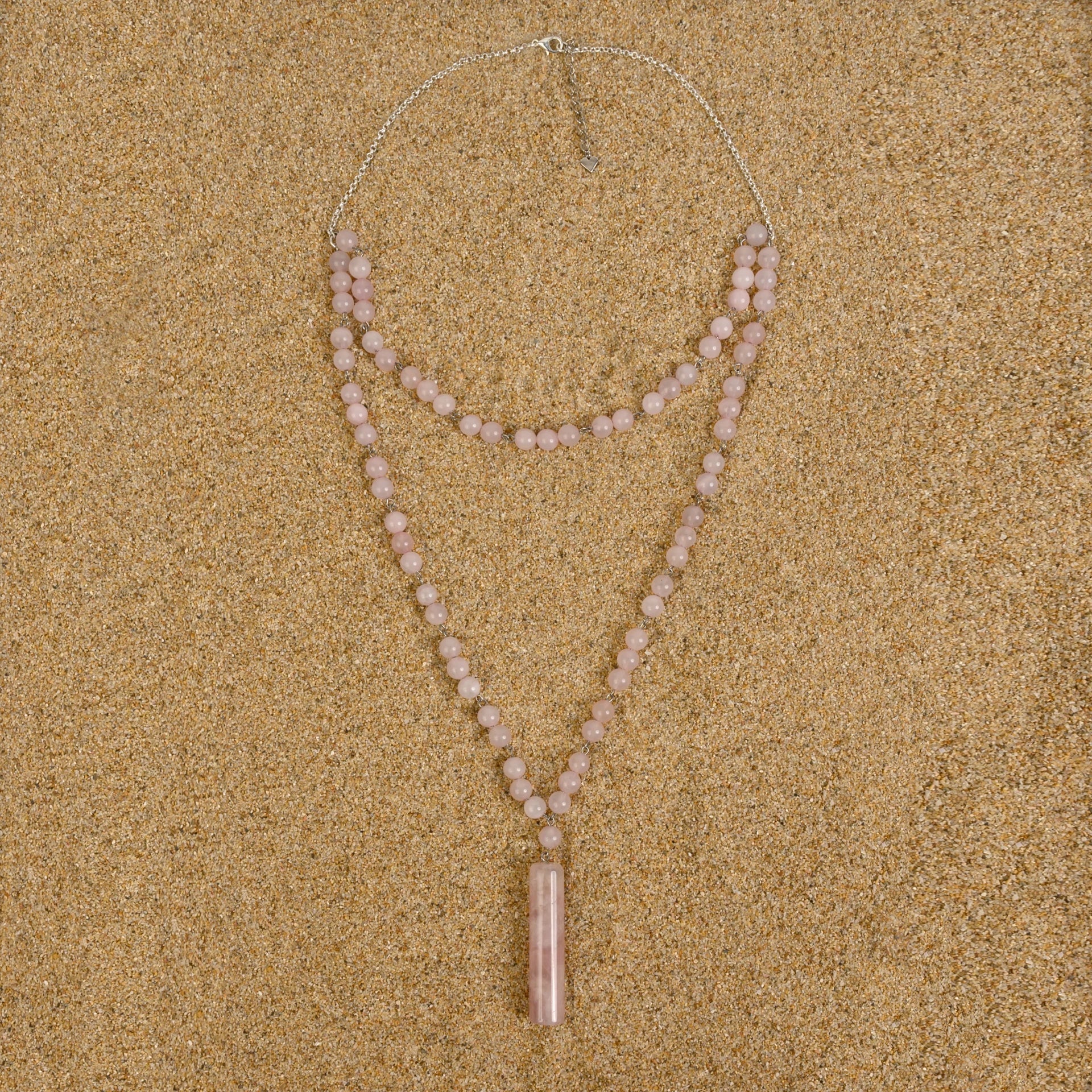 Windsor Rose Quartz Double Strand Cylinder Pendant Rosary Chain Necklace Necklaces New Heritage Arts 